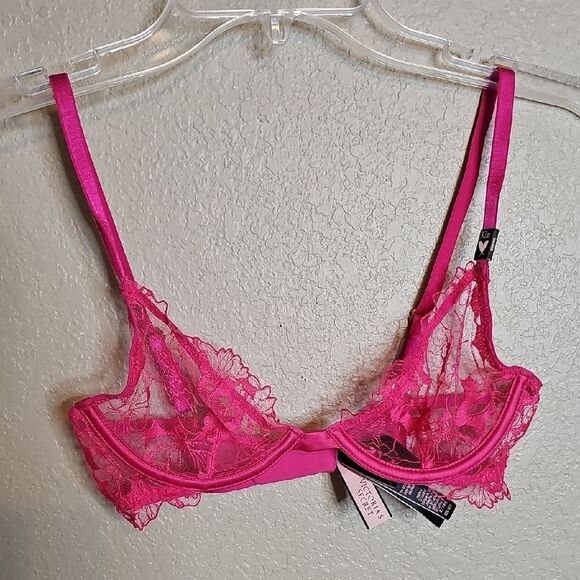 NWT Victoria's Secret Luxe Pink Lace Low Cut Demi Unlined  Bra 32B - Picture 2 of 7